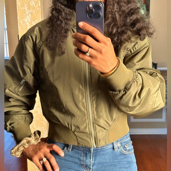 H&M Olive Green Front Zip Crop Bomber Jacket - Picture 12 of 12